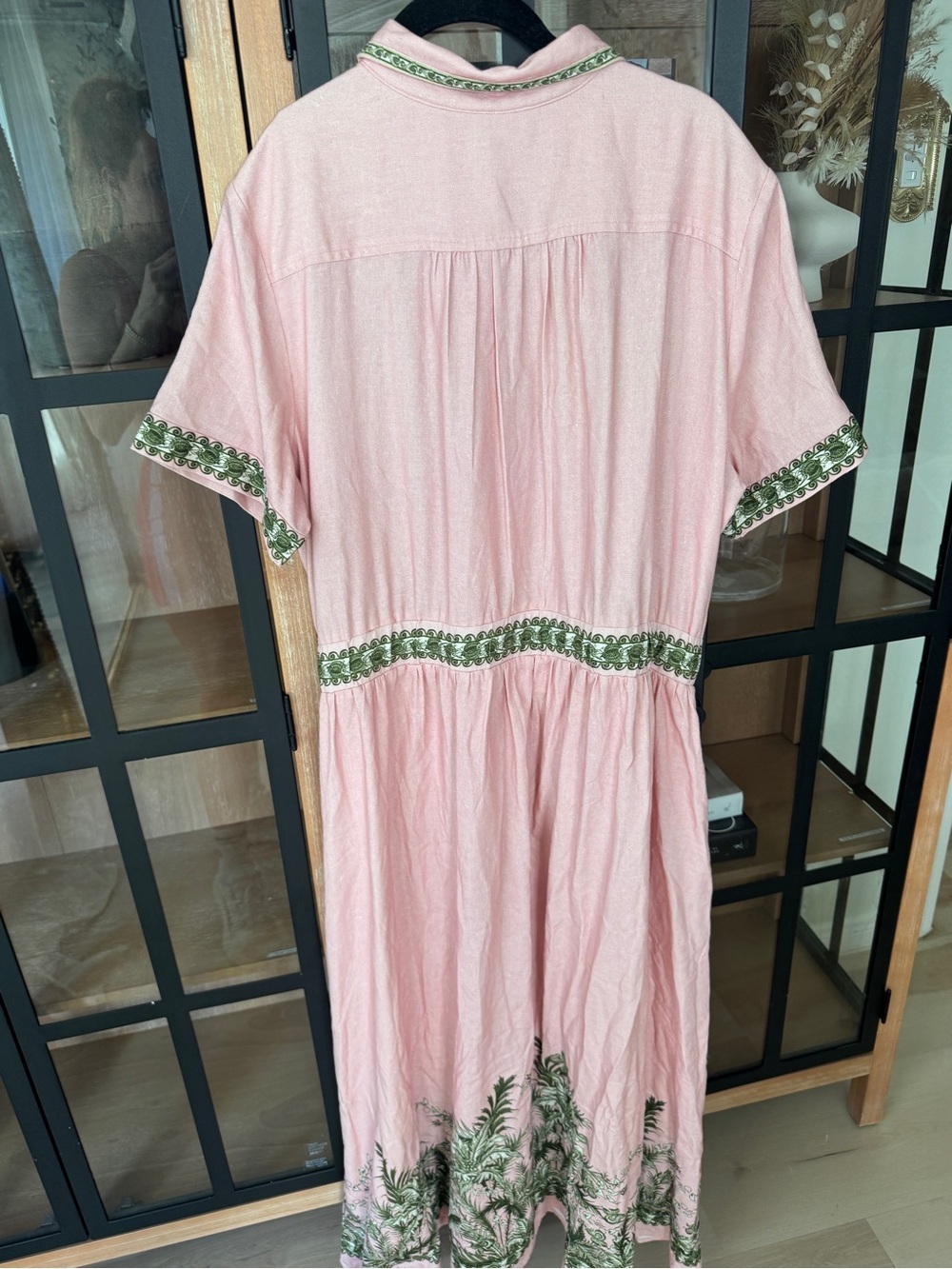 Linen maxi dress button down shirt collar tropical palm print pockets blush - Picture 7 of 15